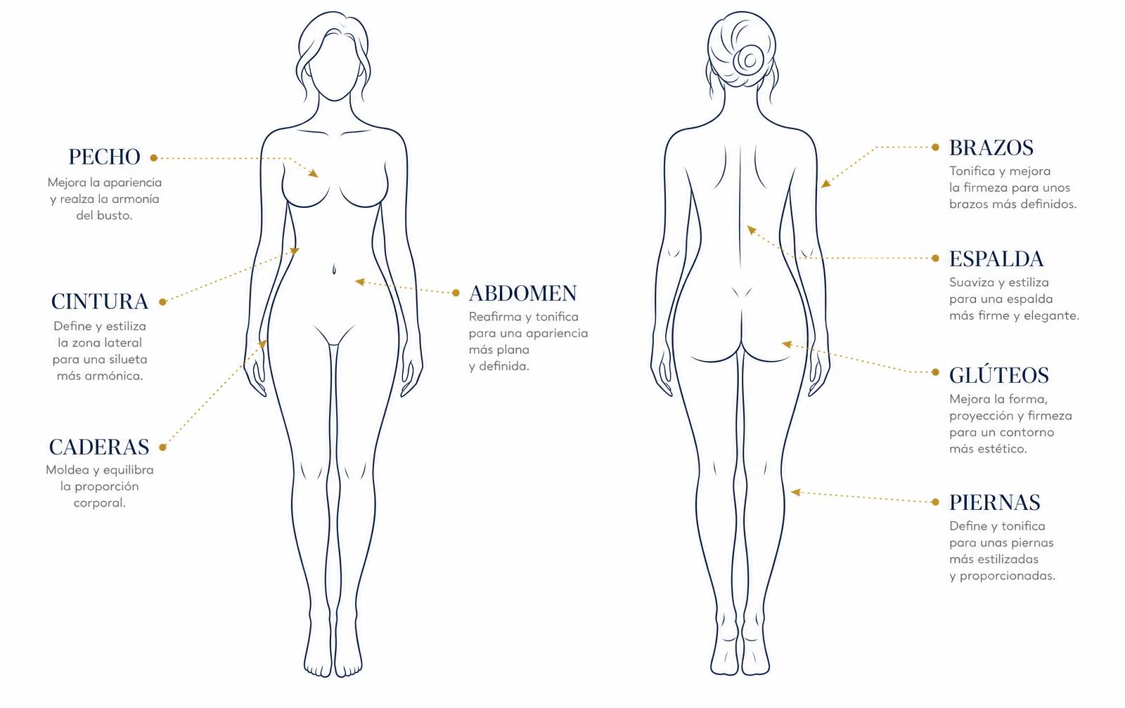 Mapa corporal del Mommy Makeover: pecho, abdomen, cintura, caderas, brazos, espalda, glúteos, piernas y labioplastia. Ilustración médica de Instituto Rubí.